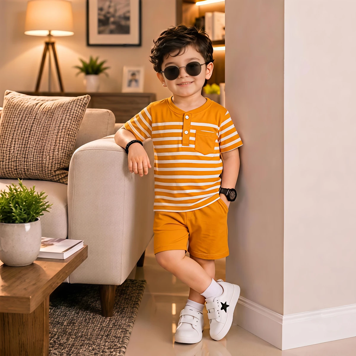 বয়েজ টি-শার্ট ও প্যান্ট কম্বো সেট-Striped Yellow