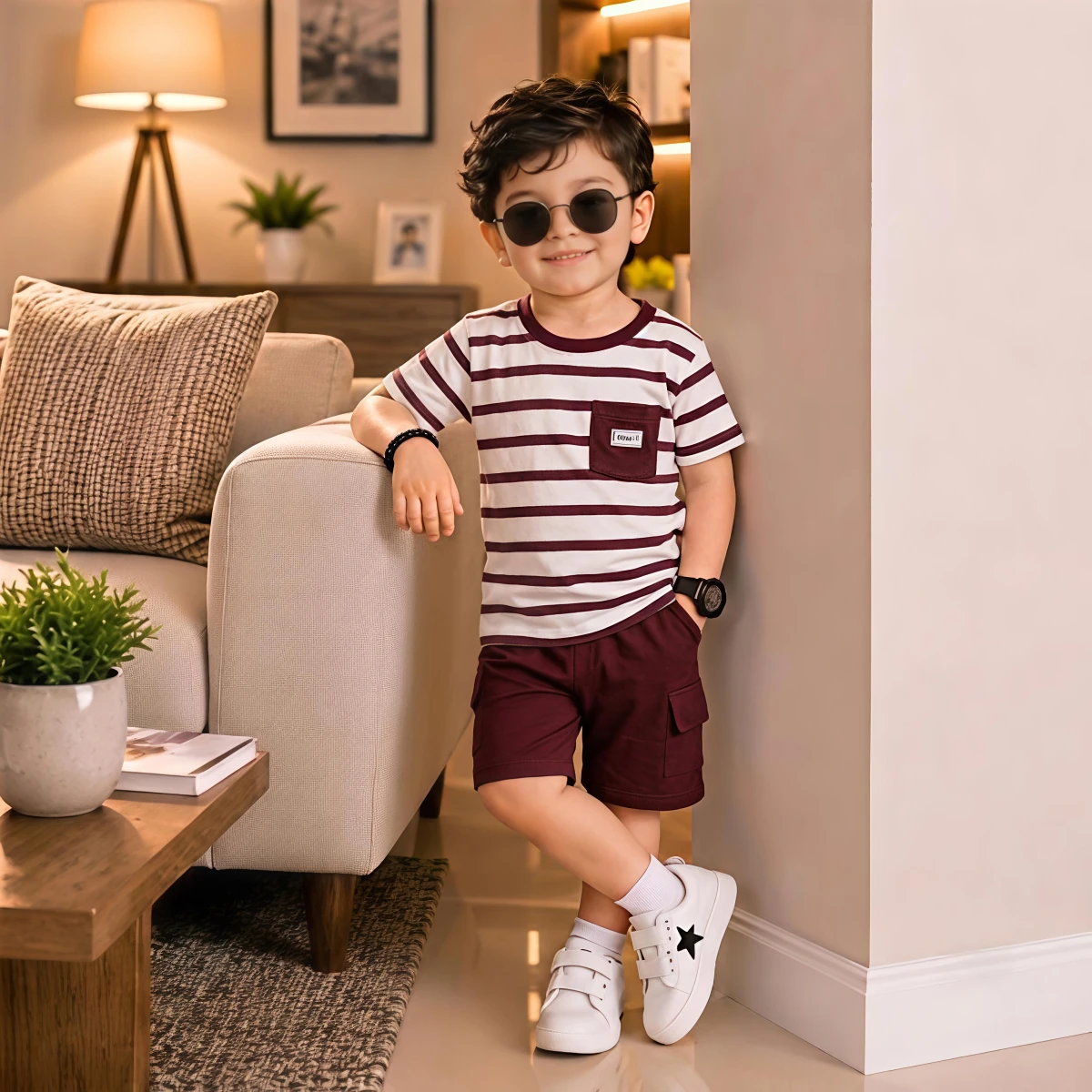 বয়েজ টি-শার্ট ও প্যান্ট কম্বো সেট-Striped WHAT pocket