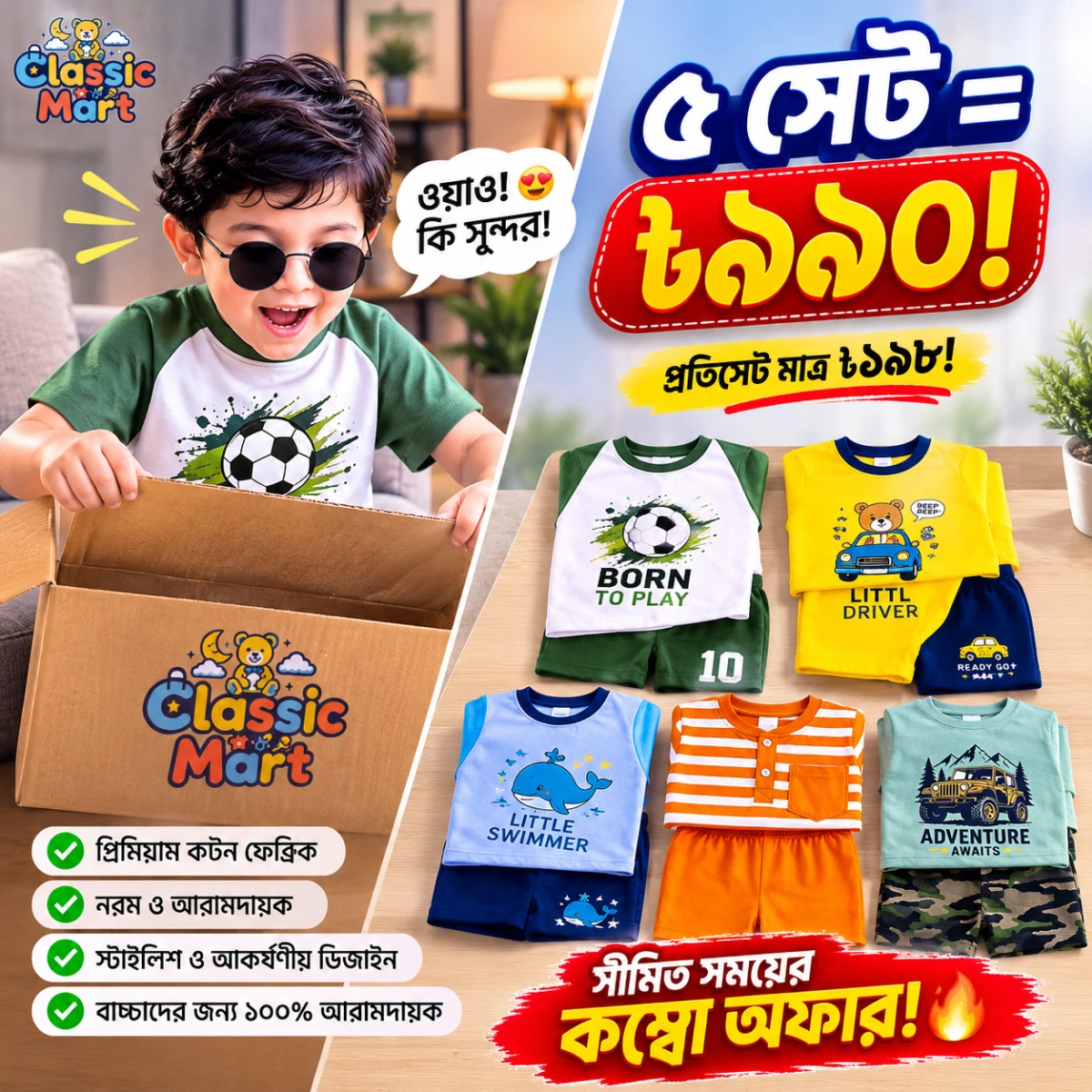 বয়েজ ৫ পিস টি-শার্ট ও প্যান্ট কম্বো সেট