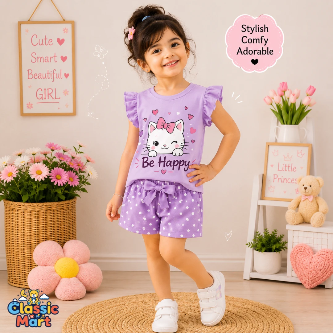 গার্লস টি-শার্ট ও প্যান্ট - Be Happy Purple Cat Print