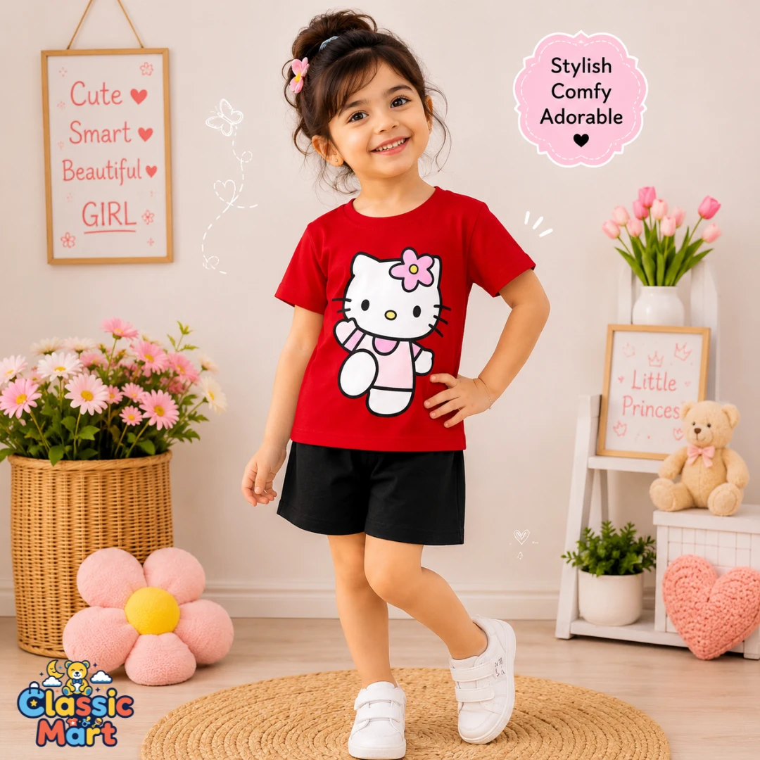 গার্লস টি-শার্ট ও প্যান্ট - Red Hello Kitty