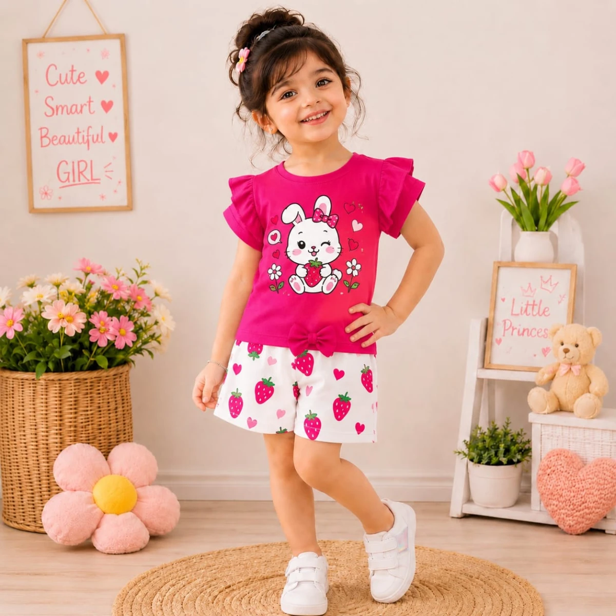 গার্লস টি-শার্ট ও প্যান্ট - Sweet Strawberry Bunny Pink